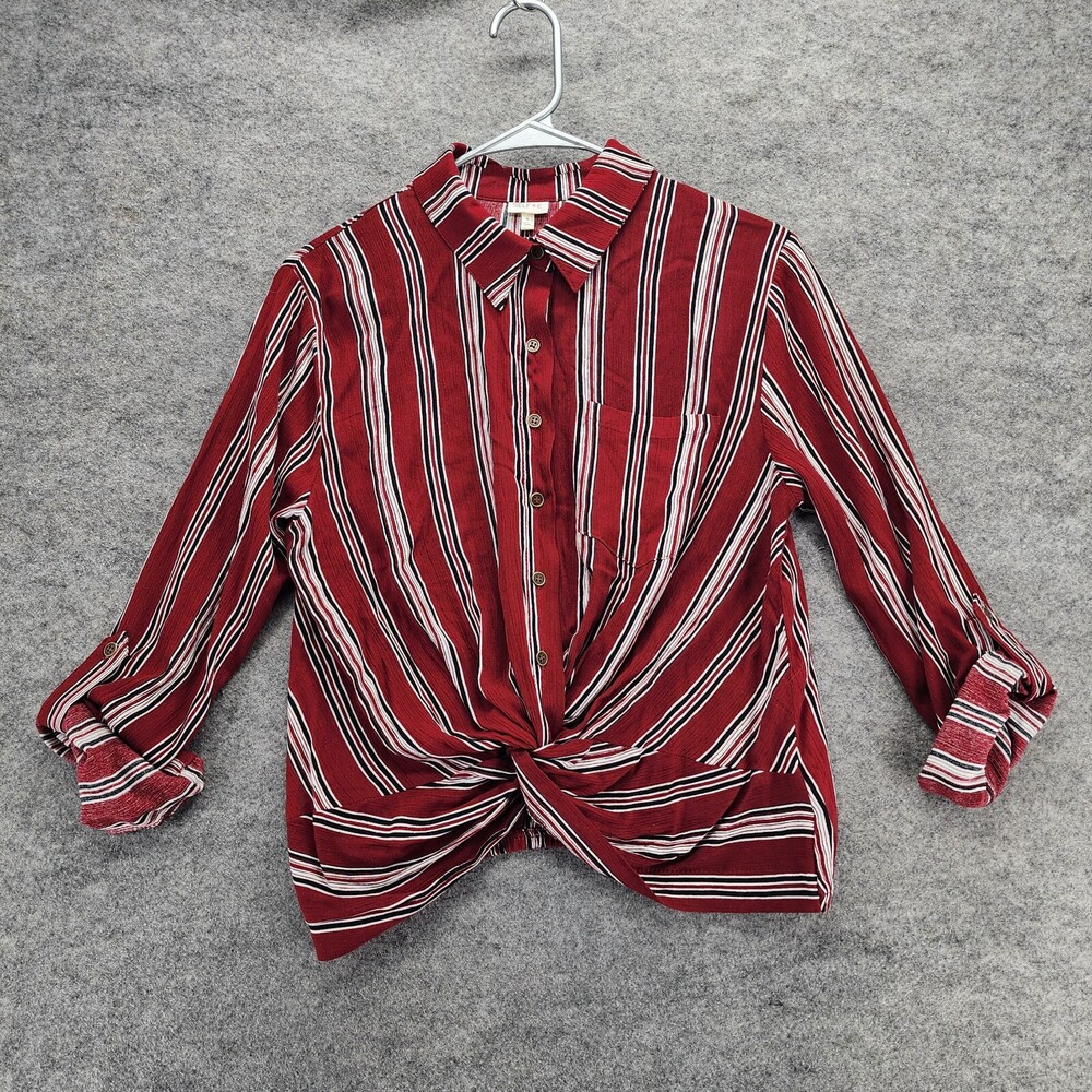 Selfie Shirt Womens Juniors Small Red Striped Roll Tab Twist Front